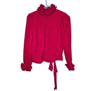 Vintage Levantè Red Silk Exaggerated Ruffle Blouse With Button Back & Tie Waist